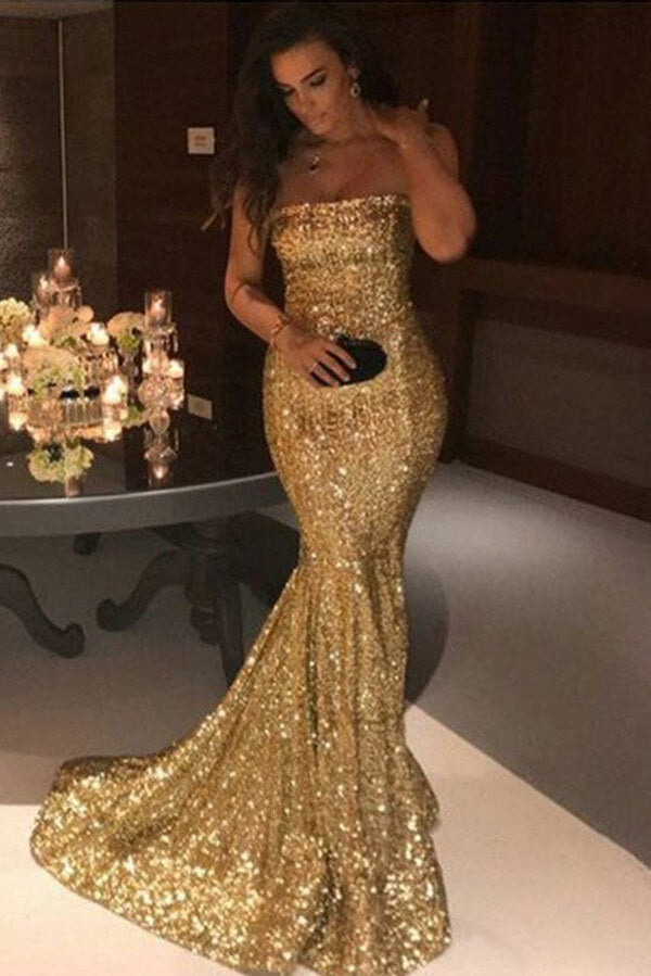 Sparkly Gold Mermaid Off Shoulder Prom ...